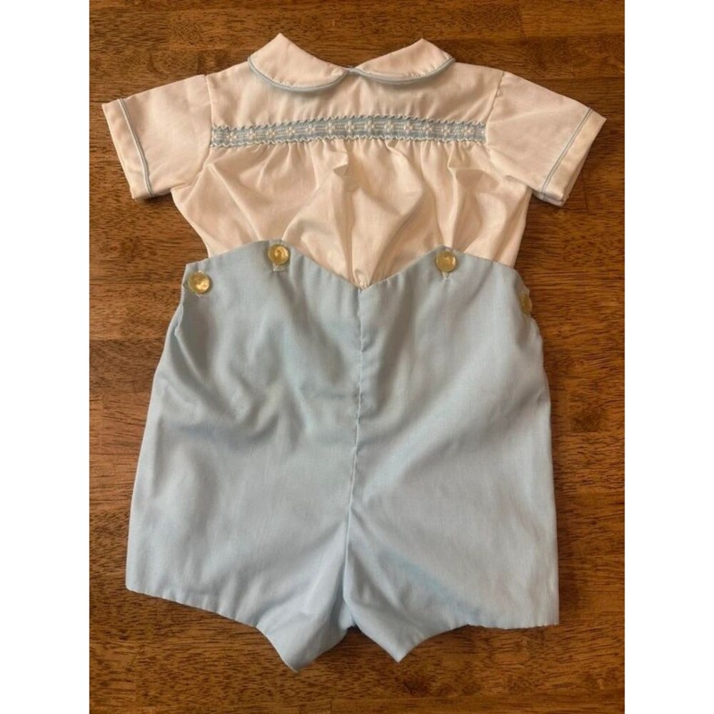 Vintage Bryan Baby Boy Smocked Heirloom Romper Blue White 6-9M USA